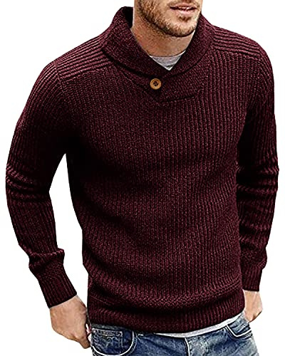 Runcati Mens Jumper Shawl Collar Fine Knit Pullover Winter Elegant Sweater Regular Fit Knitwear Tops, Wine Red, XL