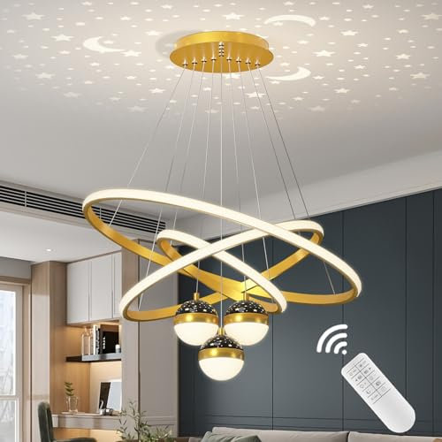 HvKvHvY LED Chandeliers Ceiling Light 3 Gold Kitchen Island Lights with Remote Control Pendant Light, 30+40+60Cm Modern Ceiling Lights with Memory Dimmable for Living Room Bedroom, Gold