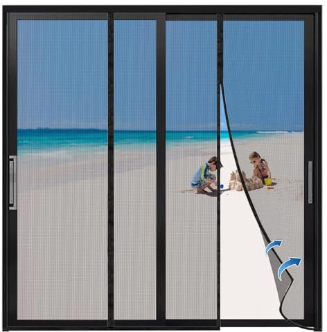 Moustiquaire Baie Vitrée Coulissante 240x220cm Fermeture Magnétique Maille Ultra Fine Rideau Aimanté Sans Perçage avec Ruban Adhésif pour Porte d’Entrée Anti Mouche Installation, Noir