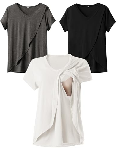 Rnxrbb V Neck Nursing Tops for Breastfeeding Tshirts Summer Postpartum Clothes Sets Short Sleeve 3 Pack Double Layer,Black&White&Flecking Grey M