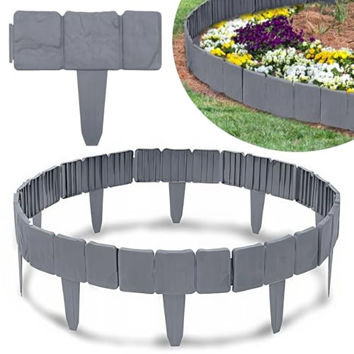 KRUMAD Rasenkante Kunststoff Steinoptik, 10 Stück Set 2,5 Meter, Höhe 23 cm, Beeteinfassung Stein, Beetumrandung Garten, Mähkante für Blumenbeet, Stecksystem, Wetterfest & UV-beständig, Grau