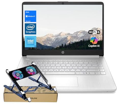 HP Premium 14 HD Laptop, Copilot AI, Intel N150, 16GB RAM, 128GB eMMC, SD Card Reader, Webcam, HDMI, Wi-Fi 6, Windows 11 Home, Silver, Bundle with PCO Notebook Fold Radiator, Cooler