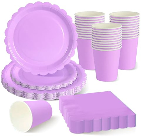 ZblPyro Set Stoviglie per Feste Lilla (30 Ospiti), con Piatto di carta ondulato 23cm e 18cm, Bicchieri di carta, Tovaglioli, Per Feste Romantiche e Comunioni