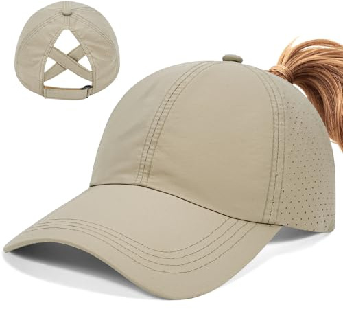 heekpek Baseball Cap for Women Ponytail Cap Ladies Sun Cap Summer Womens Caps Lightweight Quick Dry Outdoor Sports Criss Cross Mesh Breathable Hat,Khaki