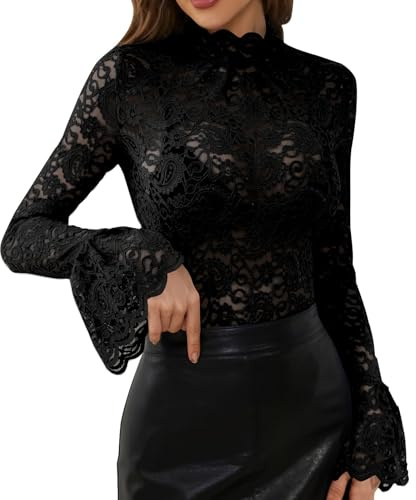 Generico Camicia Donna Pizzo Manica A Campana - Camicette Donna Affascinante, Blusa Festa Elegante, Camicia Casual O Party、San Valentino、Carnevale Nero M