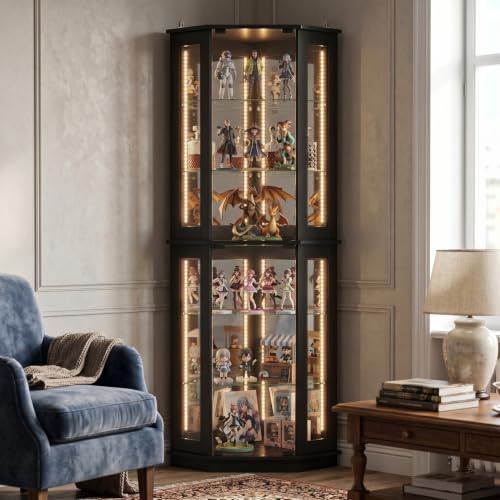 DEZAGCE Black Corner Glass Display Cabinet with LED Lights & 4 Mirror Back Panels