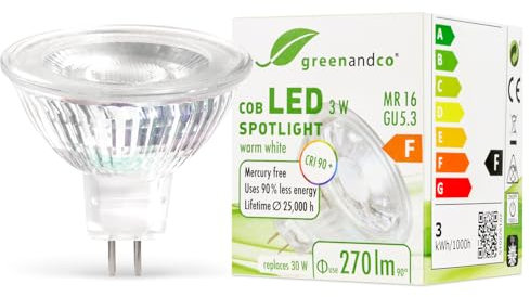 greenandco MR16 GU5.3 | ersetzt 30W | warmweiß 2700K | CRI 90+ | 3W 270 lm | 38° | flimmerfrei | COB LED Spot | 12V AC/DC | nicht dimmbar