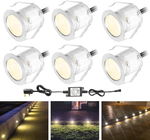 6 Pack Warm White LED Decking Lights, IP67 Waterproof Ø30mm Plinth Lights