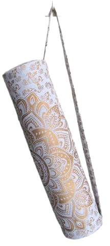 ICC Yogamatte, Mandala-Motiv, mit durchgehendem Reißverschluss, Tragetasche, für Fitnessstudio, Strand, Pilates, Hippie, Mandala, indische Baumwolltasche (weißgoldene Blume)
