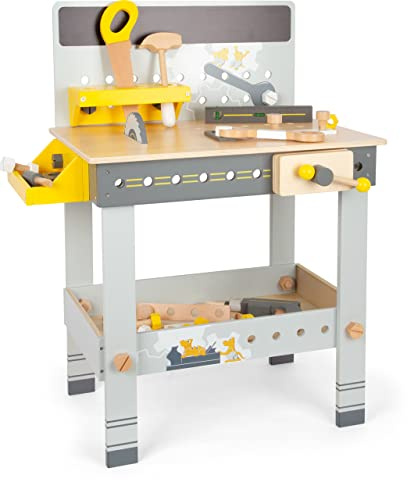 Small Foot Werkbank Miniwob aus Holz, mit Werkzeug, umfangreichem Zubehör und Schraub-Set, für Kinder ab 3 Jahren, 11806, Grau Gelb