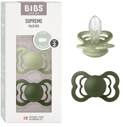 BIBS Supreme Dummies 2-Pack, BPA Free Dummy Pacifier, Silicone Symmetrical Nipple Soother, Size 2 (6-18 Months), Sage/Hunter Green