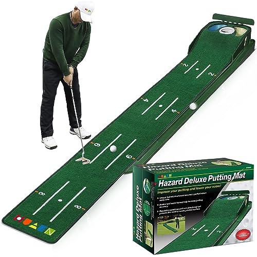 HUAEN Putting Green Mat for Indoors With Ball Return and 3 Holes - Golf Training and Practice Equipment for Home or Office - Accessories for Men