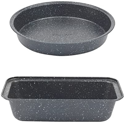 Salter COMBO-8245 Megastone 2 Piece Non-Stick Baking Tin Set - 27cm 1lb Loaf Tin, 9 Ø/24cm Round Tin, Rectangular & Round Cake Pans, Carbon Steel, Easy Clean Baking Trays, Oven Safe Up to 220°C