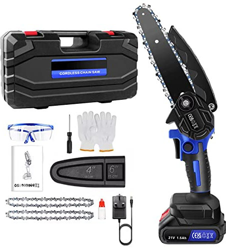 6inch Mini Chain Saws Cordless Electric with 1500mAh Battery, 600W Brushless Mini Chainsaw Cordless Chain Saws for Cutting Trees, 2 Chains and 1 Carrying Case, Goggles, Gloves