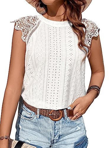 GORGLITTER Damen Elegant Sommer Bluse Mit Spitze und Schleife - Öse Stickerei Spitzenbluse Top Weiß L