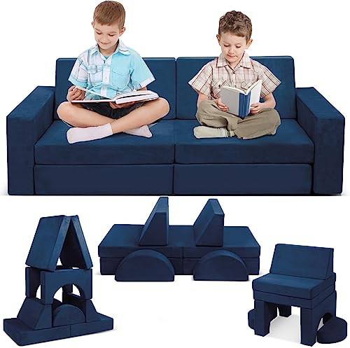 Betterhood Modular Kids Play Couch, 10PCS Child Sectional Sofa Imaginative Furniture Play Set for Creative Kids, Toddler to Teen Bedroom Furniture, Girls and Boys Playroom Convertible Sofa, Blue