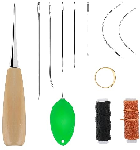 simarro 12 pezzi aghi per cucire la pelle, set di strumenti manuali per la pelle aghi curvi per tappezzeria con punteruolo aghi per cucire a mano con filo cerato e ditale