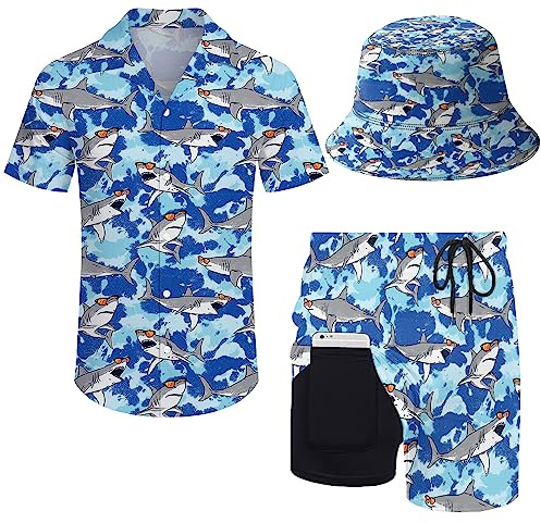 ZePinger Set camicia e pantaloncini da uomo anni '80 anni '90 completo camicia abiti anni '90 con cappelli alla pescatora, Squali Tie Dye Blu, XX-Large