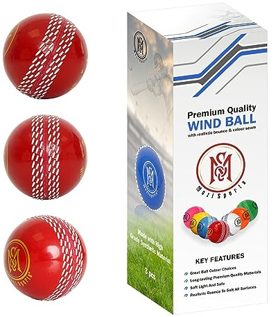 Mozi Sports Windball Soft Cricket Balls-Durable Realistic Bounce & Swing-Cricket WindBalls for Indoor & Outdoor Coaching, Practice, Garden & Beach play (3x Wind Red Balls)