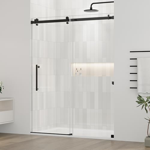 DELAVIN 56-60.in W x 75.in H Frameless Shower Door, Water Repellent Black Shower Door with SGCC Certified Clear Tempered Glass, Easy Sliding Showe Door with Explosion-Proof Film, Stainless Steel