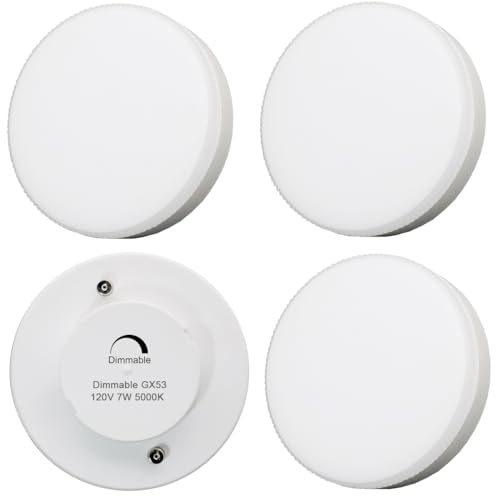 KAKEMONO Lampadina LED dimmerabile GX53, 7 W, 5000 K, luce bianca diurna, 50 W, ricambio alogena da 120 V per illuminazione sotto armadietto, soffitto, confezione da 4