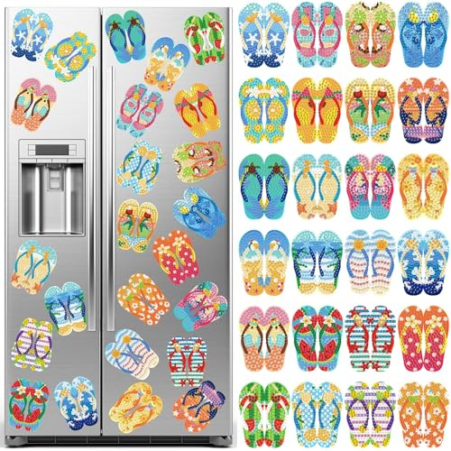 Tellegloww 24 Pcs Summer Slipper Diamond Art Painting Magnets Fridge Tropical Hawaiian Beach Style Stickers DIY Diamond Art Set for Adults Beginners Gifts Office Home Decor