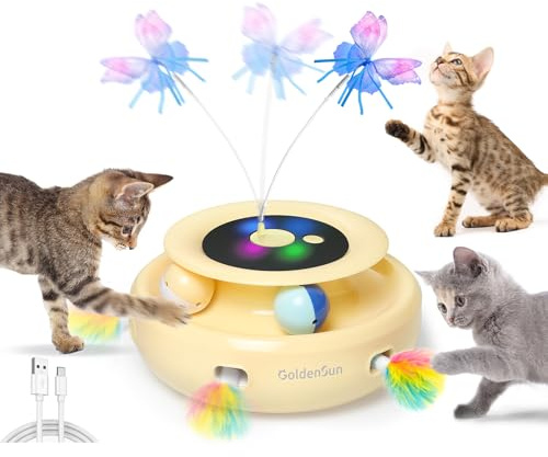 GoldenSun Jouet Interactif pour Chat, Jouet électrique Automatique 3 en 1 pour Chats, Whack-A-Mole, Papillon Flottant, Balle Incluse, Jouet pour Chat Rechargeable par USB avec 6 Accessoires