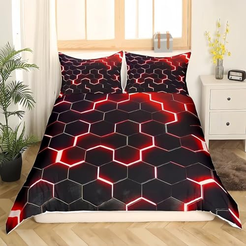 Tabeskly Boy Hexagon geometry Bedding Duvet Covers Set Double, Kids Graffiti Soft Zipper Childrens Full Bed 3 Piece Quilt Covers and Pillowcases Black Red 200×200cm