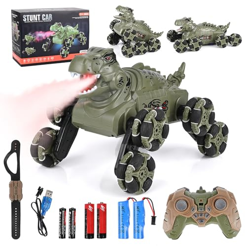Euakee Fjärrstyrd bil från 6 7 8 9 10 år, 8WD 2,4 GHz monsterlastbil med handstyrning, RC stuntbil med LED-ljus, musik och sprayer, dinosaurieleksaker och gåva för barn, 6+ år, pojke