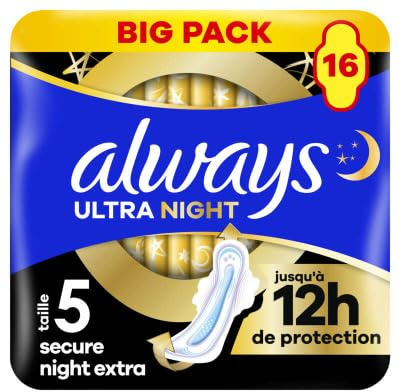 Always Ultra Asciugamani Mestruali Secure Night Extra (taglia 5) Con Alette 16 Asciugamani, Super Assorbenti E Ultrasottile Per Regole
