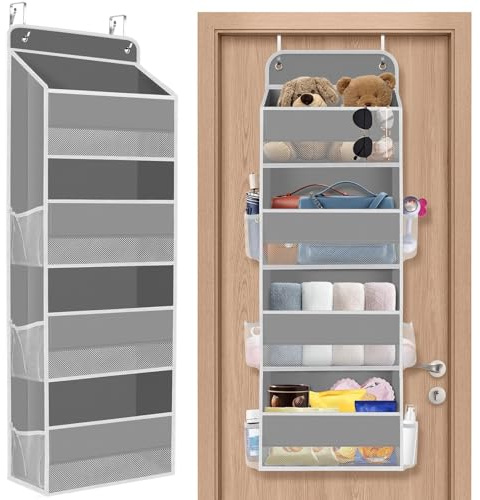 SpaceHacks 1 Pack Over The Door Organizer, Hanging Storage Organizer with Clear Window, 40lb Ultra Sturdy Large Capacity Room Organizer for Pantry Laundry Bathroom Nursery Closet Baby Essential (Grey)