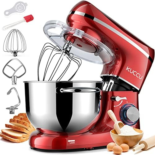 KUCCU - Robot pastelero, 1500 W, robot pastelero, 7 L, doble asa, robot amasador, profesional, 6 velocidades + P con gancho, batidor, batidor, protección contra salpicaduras, espátula, separador