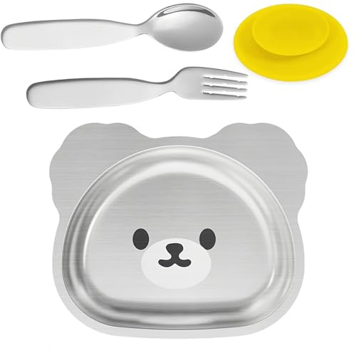 DGMI Piatti Acciaio Inox Bambini, Piatto con Ventosa, Piatti in Acciaio Inossidabile da Cucina Con Cucchiaio e Forchetta, 304 per Bambini con Ventosa in Silicone