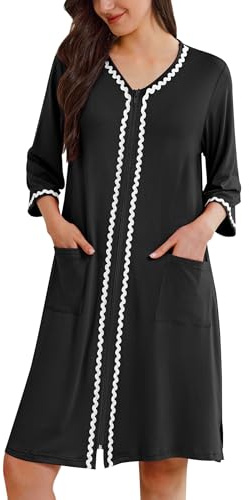 Ekouaer Zipper Robes for Women 3/4 Sleeves Lightweight House Coat Zip Up Bathrobe Soft Nightgown with Pockets (Black, Large)