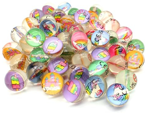 Senvianda 50 Stück Flummis 32mm, Verschiedene Einhorn Motive, Flummies für Kinder, Gummiball Flummi, Bunte Flummis Gummibälle, Flummibälle für Kindergeburtstag, Party