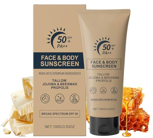 Crème solaire au suif de bœuf pour la peau, crème solaire de suif de bœuf, protection solaire de voyage sûre, sans huile, pour peaux sensibles au soleil, lotion légère au miel, imperméable, résistante