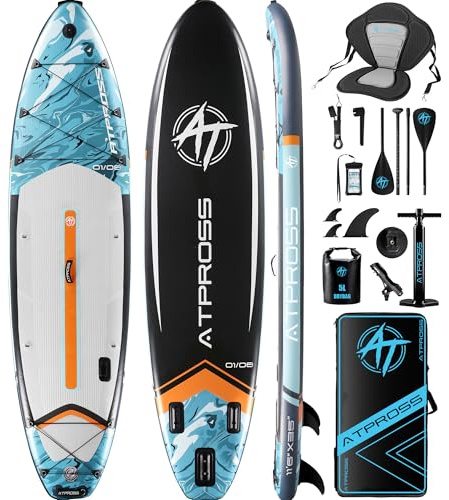 ATPROSS Tavola gonfiabile per stand up paddle con sedile per kayak, tavola da SUP premium per adulti, 204,1 kg extra larghe, per yoga, pesca, paddle board blu