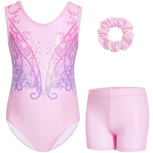 Gogokids Ensemble de Gymnastique Sans Manches pour Filles en Trois Pièces avec Short, Tenues de Gymnastique Scintillantes pour Enfants avec Strass et Design Croisé, Combinaisons Ballet pour âge 3-12