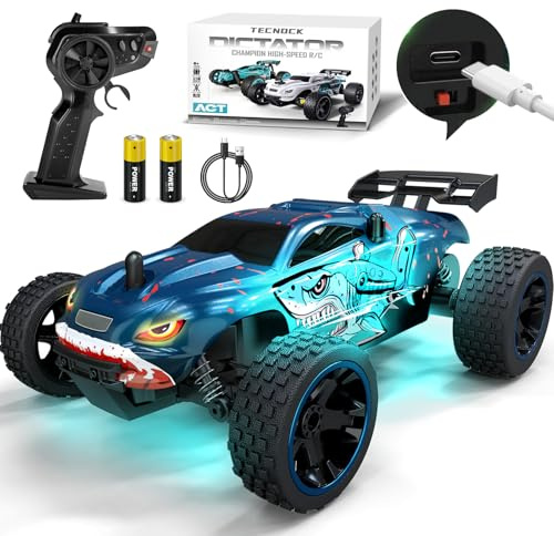 Tecnock - Voiture télécommandée à distance, échelle 1:18, camion RC 2WD tout-terrain 2,4GHz avec lumières LED, recharge USB-C facile, 50 min de jeu, jouet cadeau pour enfants de 8 à 12 ans garçons et