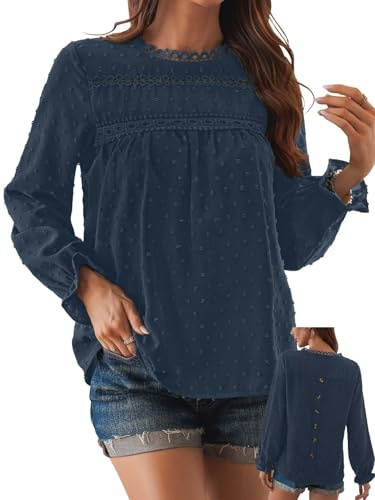 TUUHAW Camiseta Oversize Mujer Camisetas Manga Larga Mujer con Cuello Redondo Camisa Volantes Suelto Básica Blusas Casual Elegante Túnica Encaje Tops Estilo Retro Bordado Oficina T-Shirt Azul XXL