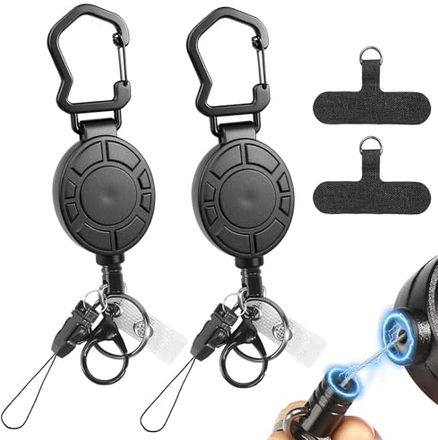CAINCAY Magnetisk Infällbar Nyckelring, 2 Stycken Tung Plikt ID-Korthållare Utdragbar Med 80 Cm Stålrep Och 2 Mobiltelefonkedjor, Infällbar ID-Korthållare För Nyckel Och ID-Kort