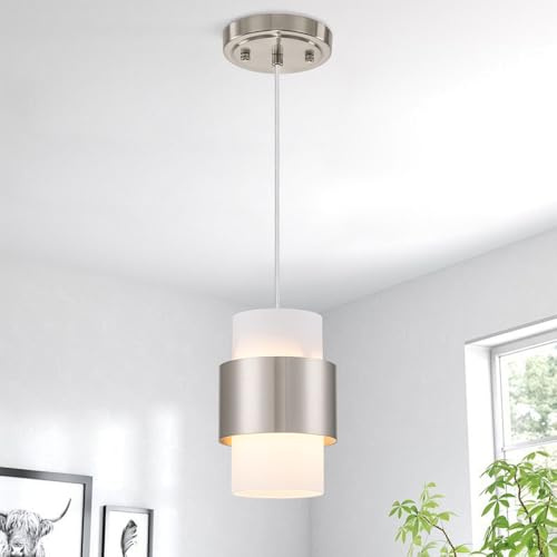 LMSOD Modern Pendant Lighting, Nickel Hanging Light Fixtures for Kitchen Island Hallway Porch Corridor Bedroom with Frosted Glass Shade, 1 Light