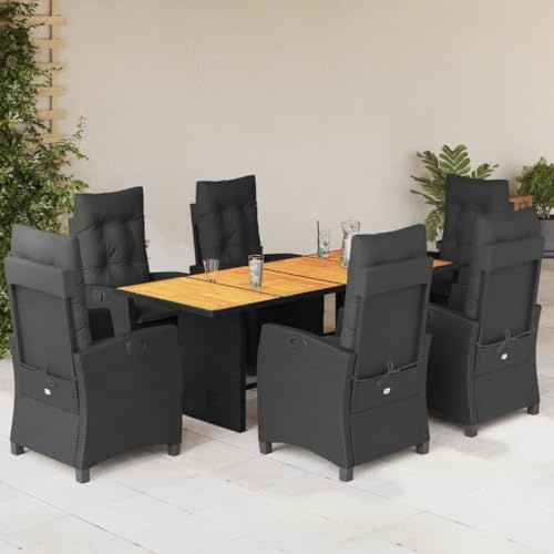 QJBSAVVA 7-TLG. Gruppo da pranzo in rattan sintetico, nero, 190 x 80 cm, con tavolo in legno di acacia e sedie da giardino regolabili, per balcone, terrazza, giardino