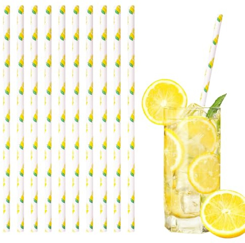WANDIC 100 pajitas de papel de limón con rayas amarillas, divertidas pajitas de cóctel con decoración de limón para fiestas, bodas, cumpleaños, paquete grande, colorido y decoración de fiesta