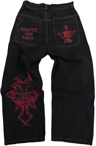 Mens Jeans for Men,Loose Fit Baggy Wide-Leg Denim Embroidered Pants Comfortable Straight-Leg Trousers Sports Durables Jogger Bottom with Pockets Black