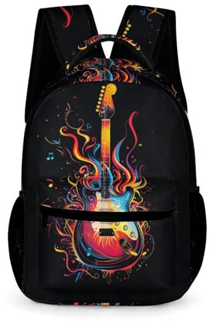 WECECE Sac d'École Motif Guitare Primaire Garçons Cartable Amateur de Musique CP-CE2 Filles 11 Ans Daypack Grand pour Livres Affaires d'École Gourde Cours Voyage Quotidien