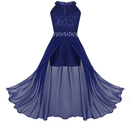 CHICTRY Girls Junior Halter Lace Bodice with Chiffon Overlay Prom Bridesmaid Wedding Gown Maxi Romper Dress Blue 9-10 Years