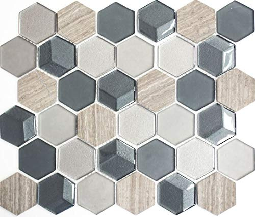 Mosaik Fliese Genomskinlig grå hexagon glasmosaik kristall sten 3D svart för vägg BAD WC DUSCHE KÜ FLEESENSPIEGEL TEKENVERKLIGHET BADD Mosaikplatta