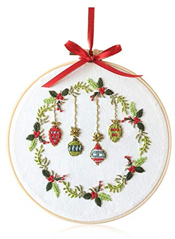 Christmas Full Range of Embroidery Starter Kit,8 Inch Cross Stitch Xmas Wreath Set Includes Embroidery Hoops Color Threads Needles,Xmas Plant Pattern for Home Party Decor