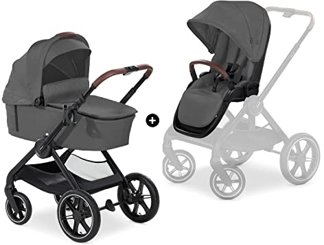 hauck 2in1 Kinderwagen mit Luftreifen Walk N Care Air Set ab Geburt bis 22 kg + 3 kg Korb, Wanne mit Memory-Knöpfen, Sitz mit Liegefunktion Wendbar Höhenverstellbar, Teleskopgriff, UPF 50+ (Dark Grey)